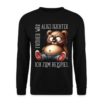 dicke Teddybär mit Jeans Sneaker lustige Sprüche - Unisex Pullover - Schwarz - Vorne - Alina (178cm) & Michal (187cm)