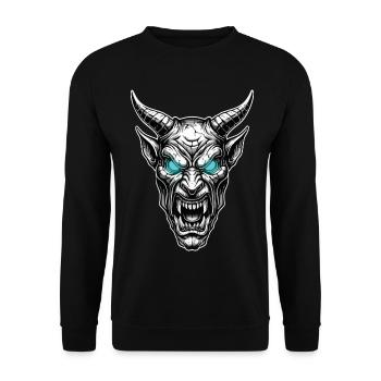 Gehörnter Dämon Gotische Totem, Eisblaue Augen - Unisex Pullover - Schwarz - Vorne - Alina (178cm) & Michal (187cm)