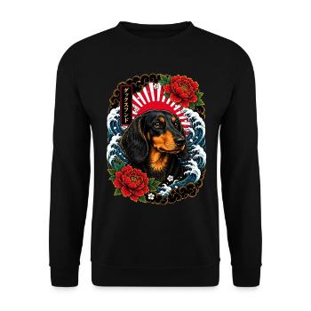 Dackel im japanischen Irezumi Tattoo Stil - Unisex Pullover - Schwarz - Vorne - Alina (178cm) & Michal (187cm)