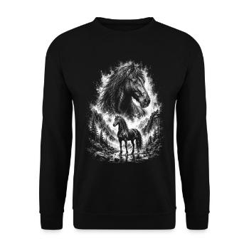 Majestätisches Pferd in Bergnatur im Zeichenstil - Unisex Pullover - Schwarz - Vorne - Alina (178cm) & Michal (187cm)