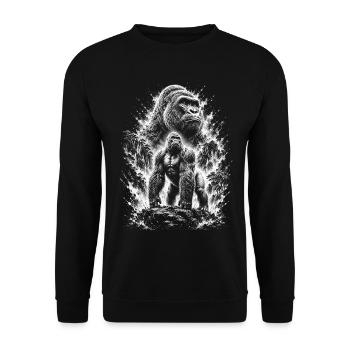 Stolzer Gorilla auf Felsen im Zeichenstil - Unisex Pullover - Schwarz - Vorne - Alina (178cm) & Michal (187cm)