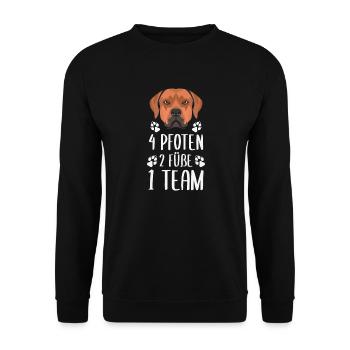 4 Pfoten 2 Füße 1 Team, Rhodesian Ridgeback - Unisex Pullover - Schwarz - Vorne - Alina (178cm) & Michal (187cm)