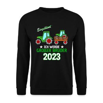 Ich Werde Großer Bruder 2023 - Geburt Sohn Traktor - Unisex Pullover - Schwarz - Vorne - Alina (178cm) & Michal (187cm)