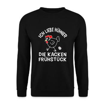 Ich liebe Hühner die kacken Frühstück - Huhn Ei - Unisex Pullover - Schwarz - Vorne - Alina (178cm) & Michal (187cm)