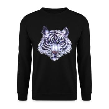 Weißer Tiger in Blau Lila Geschenk Freiheit Natur - Unisex Pullover - Schwarz - Vorne - Alina (178cm) & Michal (187cm)