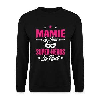 Mamie le jour super héros la nuit, Cadeau mamie - Sweat-shirt Unisexe - noir - Devant - Alina (178cm) & Michal (187cm)