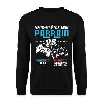 Willst du Mein Pate sein Gamer Pate Geek - Unisex Pullover - Schwarz - Vorne - Alina (178cm) & Michal (187cm)