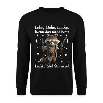 Waschbär Lebe Liebe Lache Wenn das nicht hilft - Unisex Pullover - Schwarz - Vorne - Alina (178cm) & Michal (187cm)