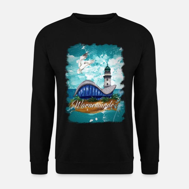 Warnemünder Teepot und Leuchtturm mit Möwe - Unisex Pullover - Schwarz