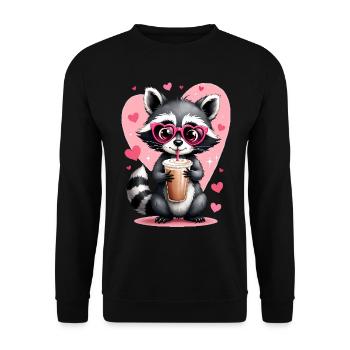 Süßer Waschbär mit Kaffee, umgeben von Herzen - Unisex Pullover - Schwarz - Vorne - Alina (178cm) & Michal (187cm)