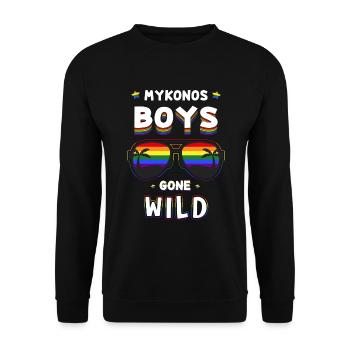 Mykonos Boys Gay Party Shirt - Unisex Pullover - Schwarz - Vorne - Alina (178cm) & Michal (187cm)