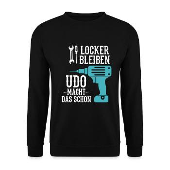 Udo Macht Das Schon Werkstatt Hausmeister - Unisex Pullover - Schwarz - Vorne - Alina (178cm) & Michal (187cm)