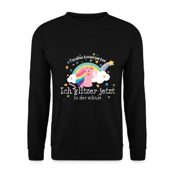 Einschulung Einhorn Ich glitzer in der Schule - Unisex Pullover - Schwarz - Vorne - Alina (178cm) & Michal (187cm)