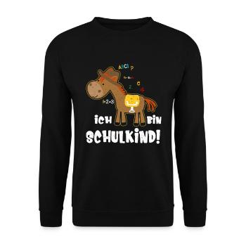 Ich bin Schulkind Einschulung Spruch mit Pferd - Unisex Pullover - Schwarz - Vorne - Alina (178cm) & Michal (187cm)