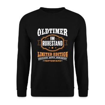 Oldtimer im Ruhestand Rentner Geschenk - Unisex Pullover - Schwarz - Vorne - Alina (178cm) & Michal (187cm)