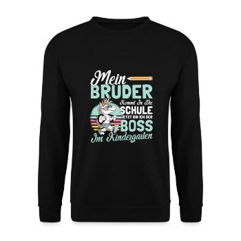 Kindergarten Start Kita Geschwisterkind Bruder - Unisex Pullover - Schwarz - Vorne - Alina (178cm) & Michal (187cm)