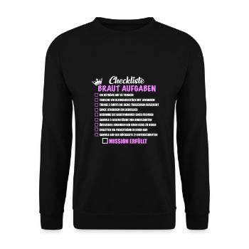 JGA Party Checkliste Braut Aufgaben Mutprobe - Unisex Pullover - Schwarz - Vorne - Alina (178cm) & Michal (187cm)