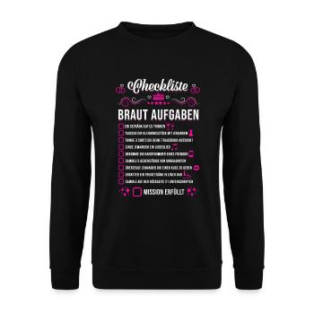 JGA Hochzeit Party Checkliste Braut Aufgaben - Unisex Pullover - Schwarz - Vorne - Alina (178cm) & Michal (187cm)