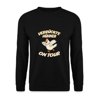 Verrückte Hühner on Tour JGA Malle Apres Ski Party - Unisex Pullover - Schwarz - Vorne - Alina (178cm) & Michal (187cm)