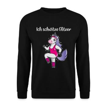 Einhorn Fitness Aerobic Schwitze Glitzer Spruch - Unisex Pullover - Schwarz - Vorne - Alina (178cm) & Michal (187cm)