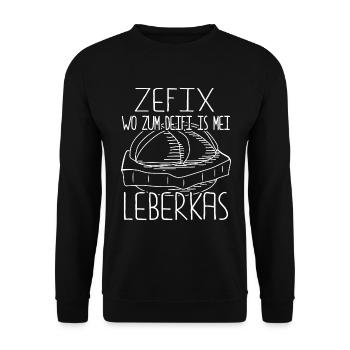 Zefix wo zum deifi is mei Leberkas lustiger Spruch - Unisex Pullover - Schwarz - Vorne - Alina (178cm) & Michal (187cm)