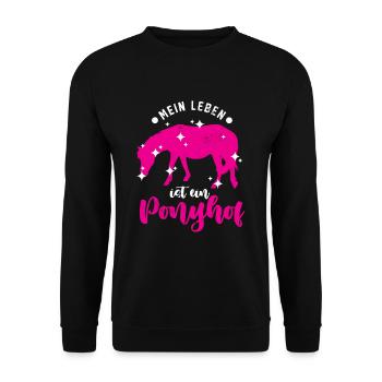 Pferde Mein Leben ist ein Ponyhof Reiter - Unisex Pullover - Schwarz - Vorne - Alina (178cm) & Michal (187cm)