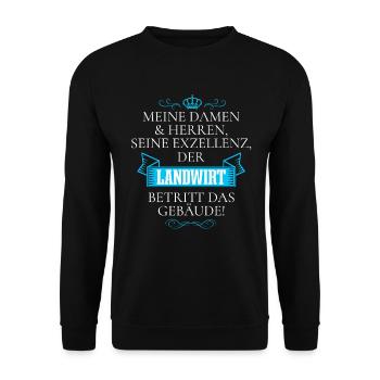 Seine Exzellenz Der Landwirt Betritt Das Gebäude - Unisex Pullover - Schwarz - Vorne - Alina (178cm) & Michal (187cm)