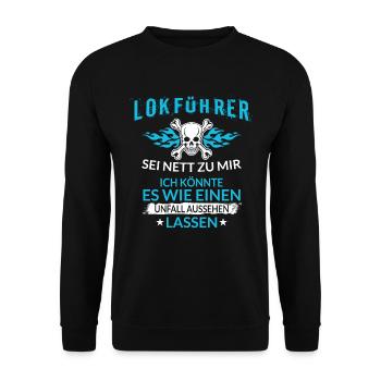 Lustiger Lokführer Eisenbahn Unfall Aussehen - Unisex Pullover - Schwarz - Vorne - Alina (178cm) & Michal (187cm)