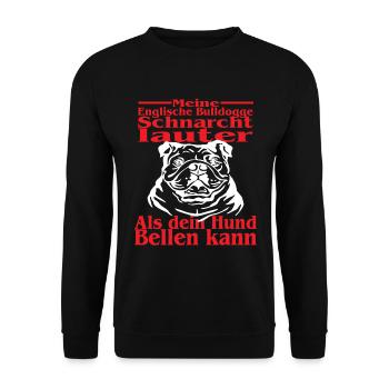 Meine Englische Bulldogge Schnarcht - Dogge Spruch - Unisex Pullover - Schwarz - Vorne - Alina (178cm) & Michal (187cm)