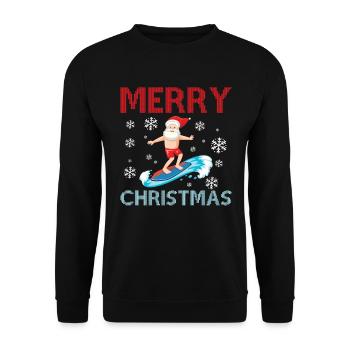 Frohe Weihnachten - Surfing Santa Claus - Unisex Pullover - Schwarz - Vorne - Alina (178cm) & Michal (187cm)