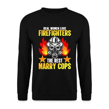 Echte Frauen Lieben Feuerwehrleute - Lustiger - Unisex Pullover - Schwarz - Vorne - Alina (178cm) & Michal (187cm)