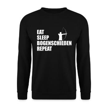 Eat Sleep Bogenschießen Repeat Spruch Geschenk - Unisex Pullover - Schwarz - Vorne - Alina (178cm) & Michal (187cm)