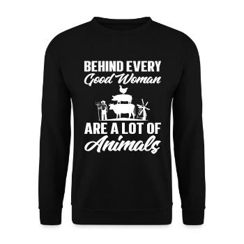 Hinter Jeder Guten Frau Stehen Eine Menge Tiere - Unisex Pullover - Schwarz - Vorne - Alina (178cm) & Michal (187cm)