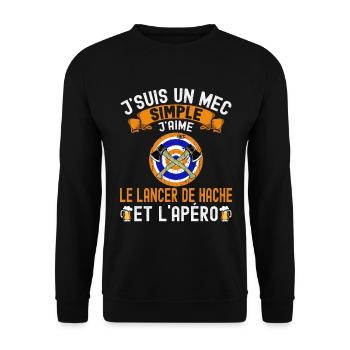 Mec Simple J'aime Lancer de Hache et Apéro Humour - Sweat-shirt Unisexe - noir - Devant - Alina (178cm) & Michal (187cm)