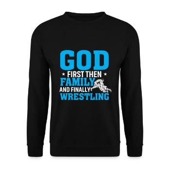 Erst Gott Dann Die Familie Und Das Wrestling - Unisex Pullover - Schwarz - Vorne - Alina (178cm) & Michal (187cm)