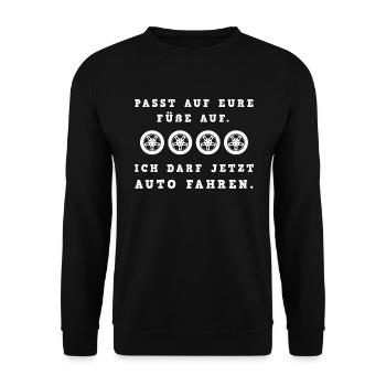Freie Fahrt: Glückwunsch zum Führerschein - Unisex Pullover - Schwarz - Vorne - Alina (178cm) & Michal (187cm)