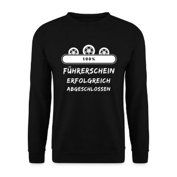 Freie Fahrt: Glückwunsch zum Führerschein - Unisex Pullover - Schwarz - Vorne - Alina (178cm) & Michal (187cm)