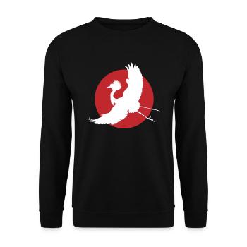 Fliegender Kranich Silhouette Kunst - Unisex Pullover - Schwarz - Vorne - Alina (178cm) & Michal (187cm)