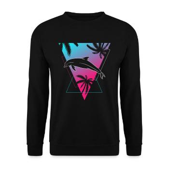 Retro Delphin Sunset Palmen Silhouette - Unisex Pullover - Schwarz - Vorne - Alina (178cm) & Michal (187cm)