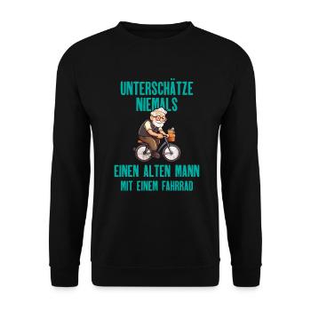 Unterschätze niemals einen Alten Mann Comic - Unisex Pullover - Schwarz - Vorne - Alina (178cm) & Michal (187cm)