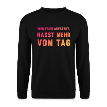 Ironischer Morgenmuffel-Spruch Geschenk - Unisex Pullover - Schwarz - Vorne - Alina (178cm) & Michal (187cm)