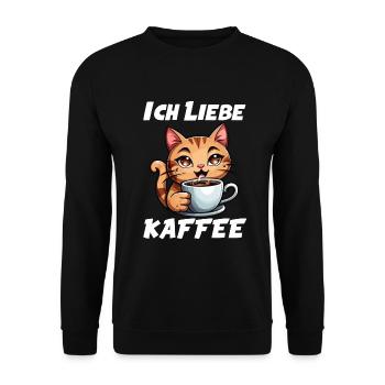 Kaffeeliebhaber - Katze mit Kaffeebecher - Unisex Pullover - Schwarz - Vorne - Alina (178cm) & Michal (187cm)