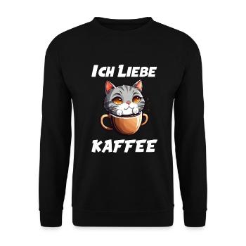 Katze im Kaffeebecher - Ich liebe Kaffee - Unisex Pullover - Schwarz - Vorne - Alina (178cm) & Michal (187cm)