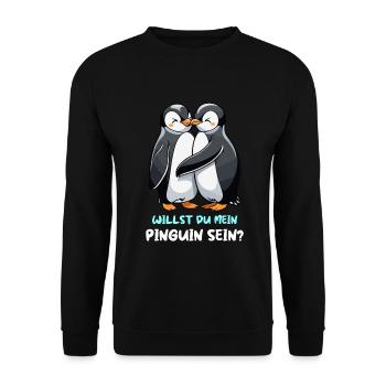 küssende Pinguine - Willst du mein Pinguin sein? - Unisex Pullover - Schwarz - Vorne - Alina (178cm) & Michal (187cm)