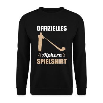 Geschenk - Offizielles Alphorn Spielshirt - Unisex Pullover - Schwarz - Vorne - Alina (178cm) & Michal (187cm)
