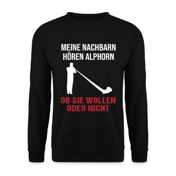 Geschenk für Nachbarn - Alphornklänge - Unisex Pullover - Schwarz - Vorne - Alina (178cm) & Michal (187cm)