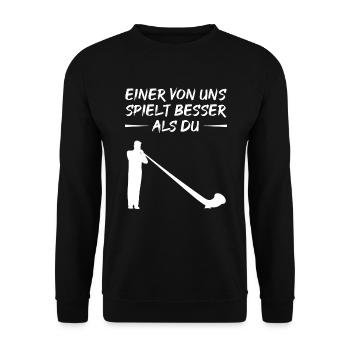 Alphorn-Geschenk: Besser als Du - Unisex Pullover - Schwarz - Vorne - Alina (178cm) & Michal (187cm)