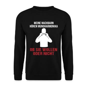 Musik Nachbarn Humorvolles Statement - Unisex Pullover - Schwarz - Vorne - Alina (178cm) & Michal (187cm)