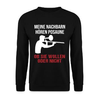 Nachbarn Hören Posaune Musikfan Geschenk - Unisex Pullover - Schwarz - Vorne - Alina (178cm) & Michal (187cm)