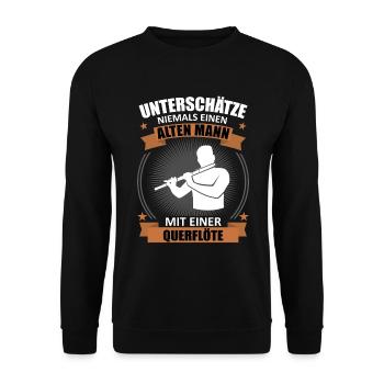 Alter Mann mit Querflöte Weisheit - Unisex Pullover - Schwarz - Vorne - Alina (178cm) & Michal (187cm)